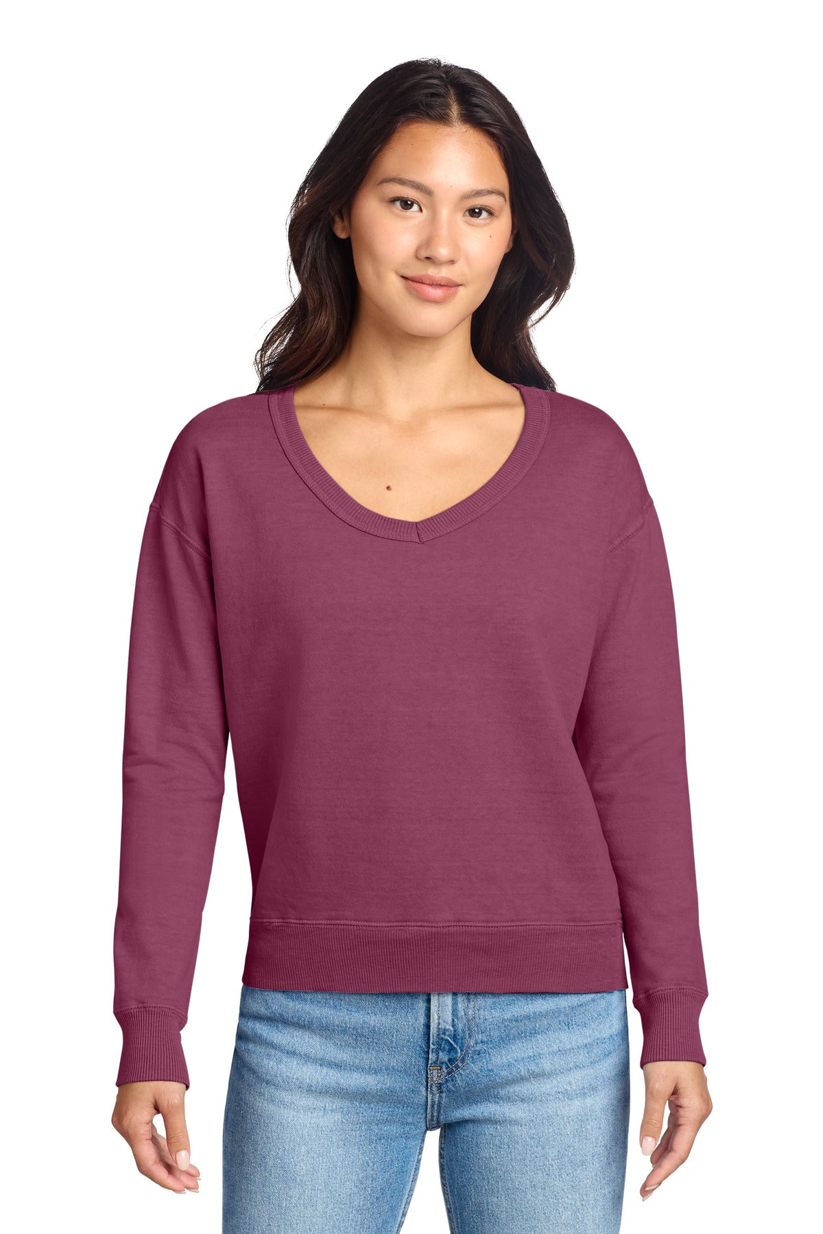Port & Co Women's Beach Wash Garment-Dyed V-Neck Sweatshirt