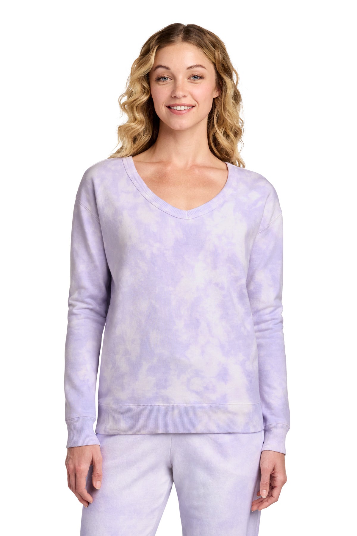Port & Co Women's Beach Wash Cloud Tie-Dye V-Neck Sweatshirt