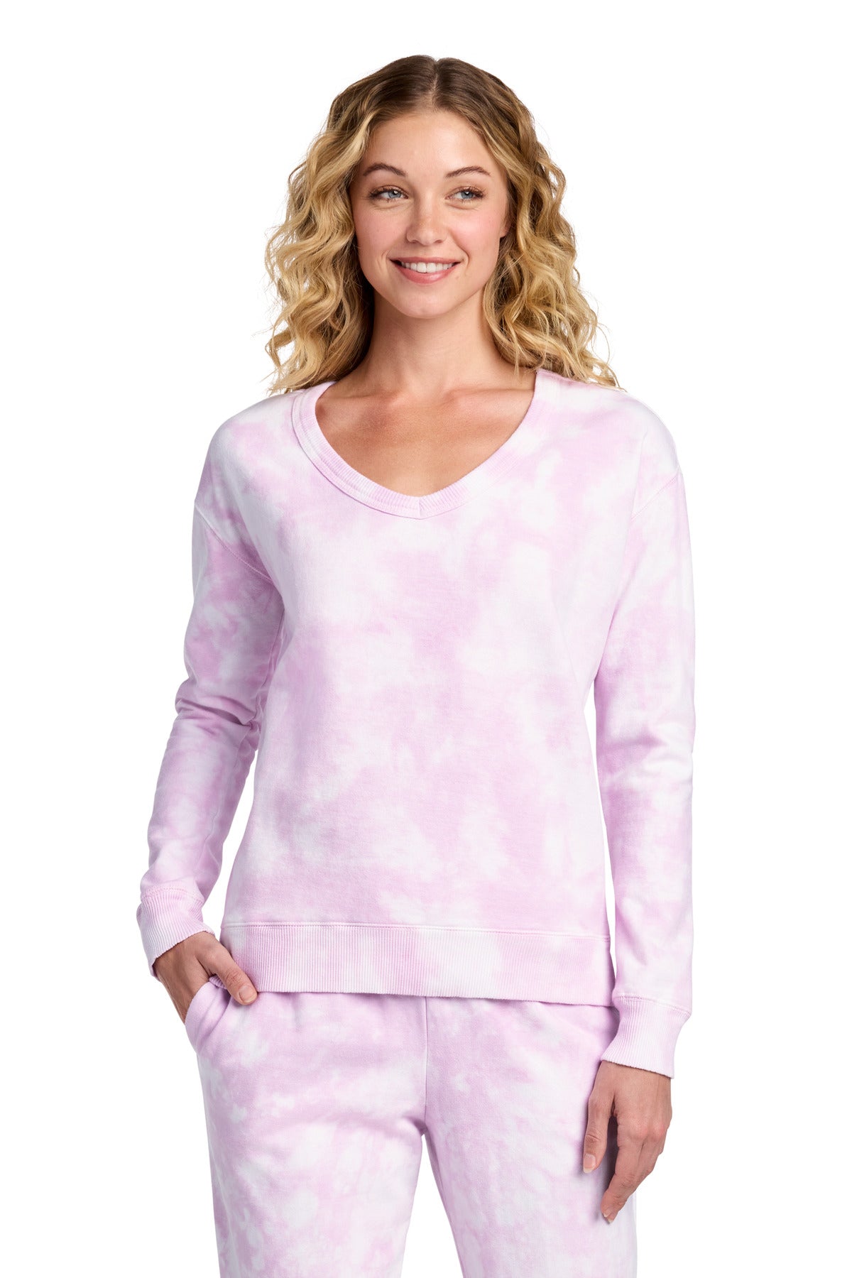 Port & Co Women's Beach Wash Cloud Tie-Dye V-Neck Sweatshirt