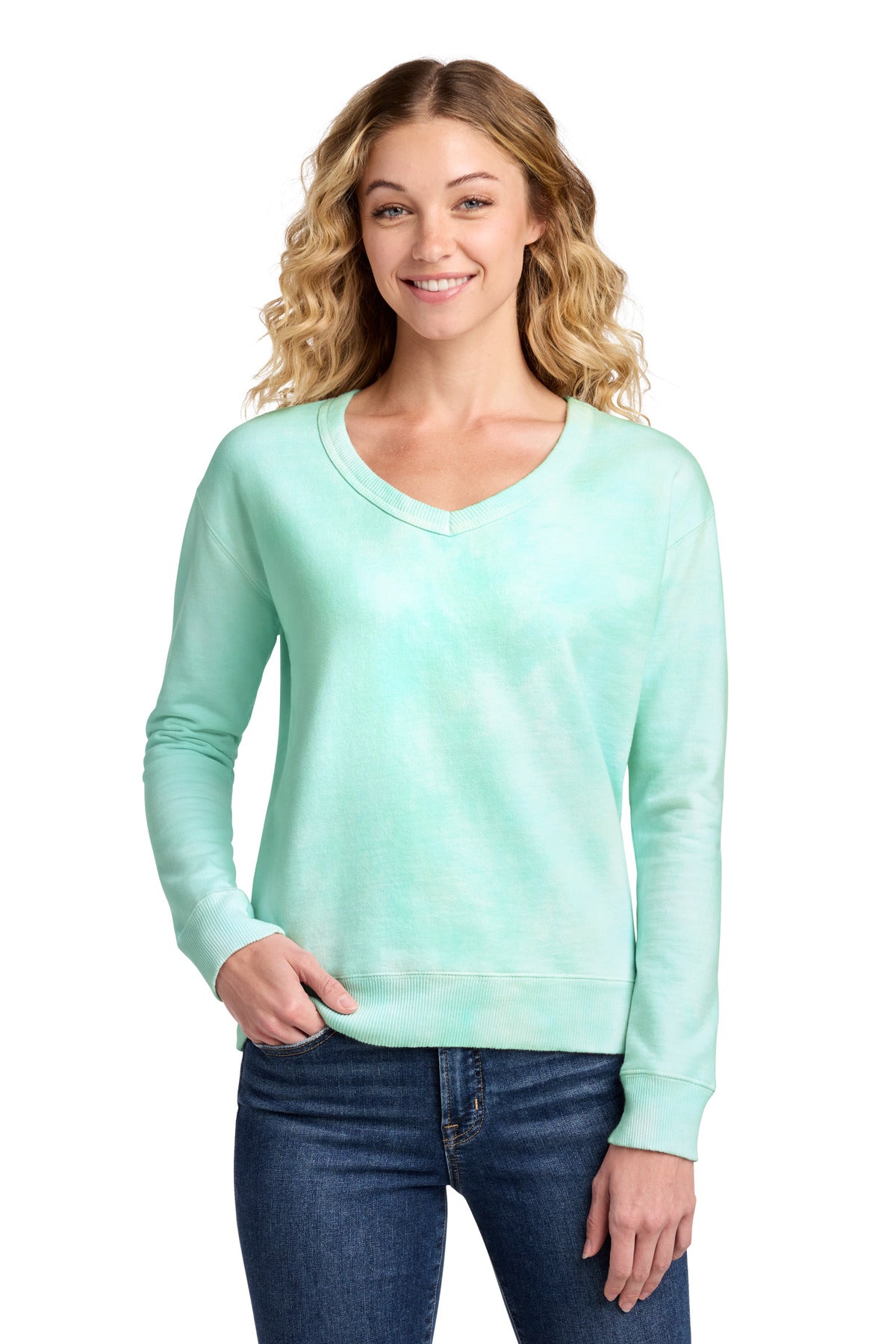 Port & Co Women's Beach Wash Cloud Tie-Dye V-Neck Sweatshirt